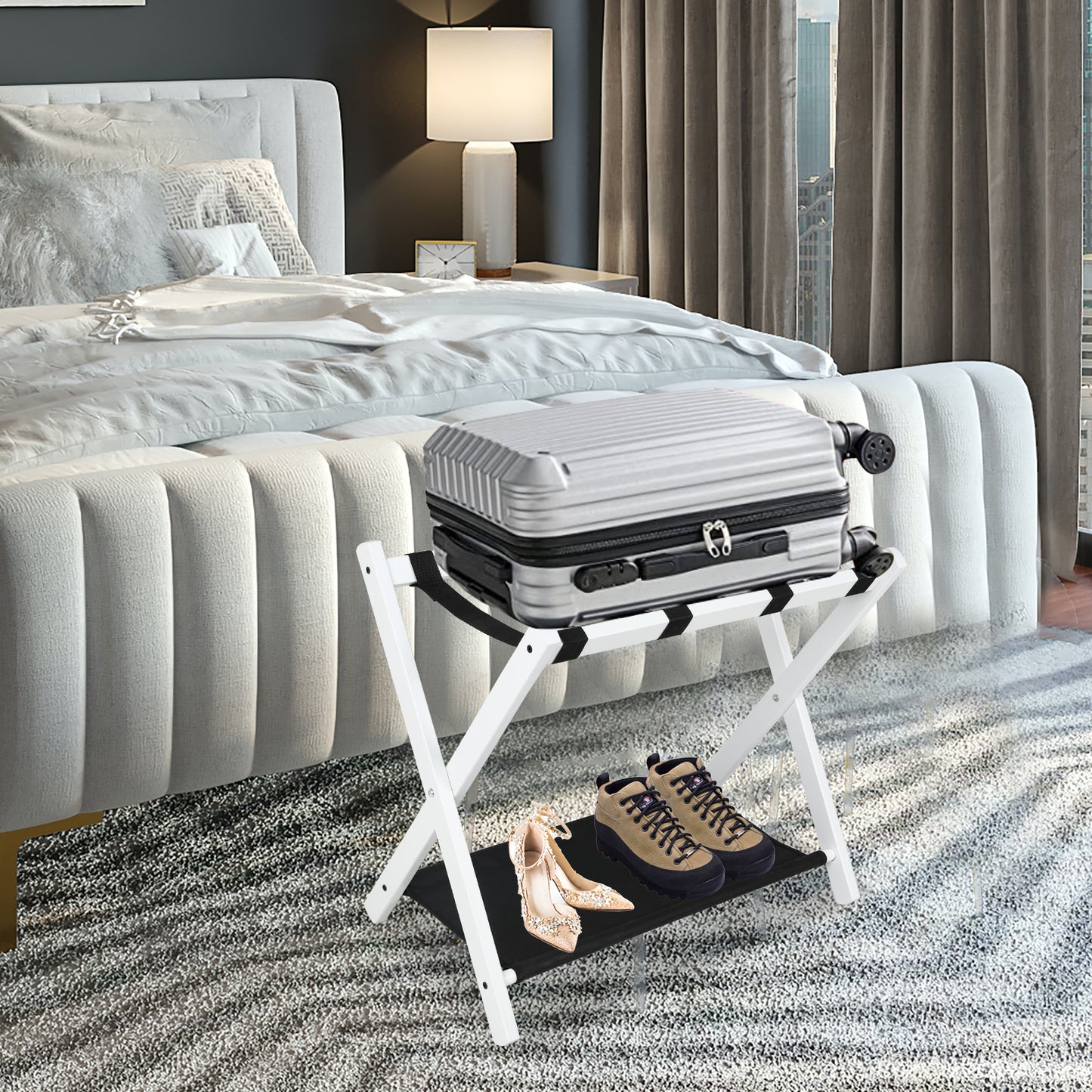 2-Tier Folding Luggage Rack - White Wood Fabric