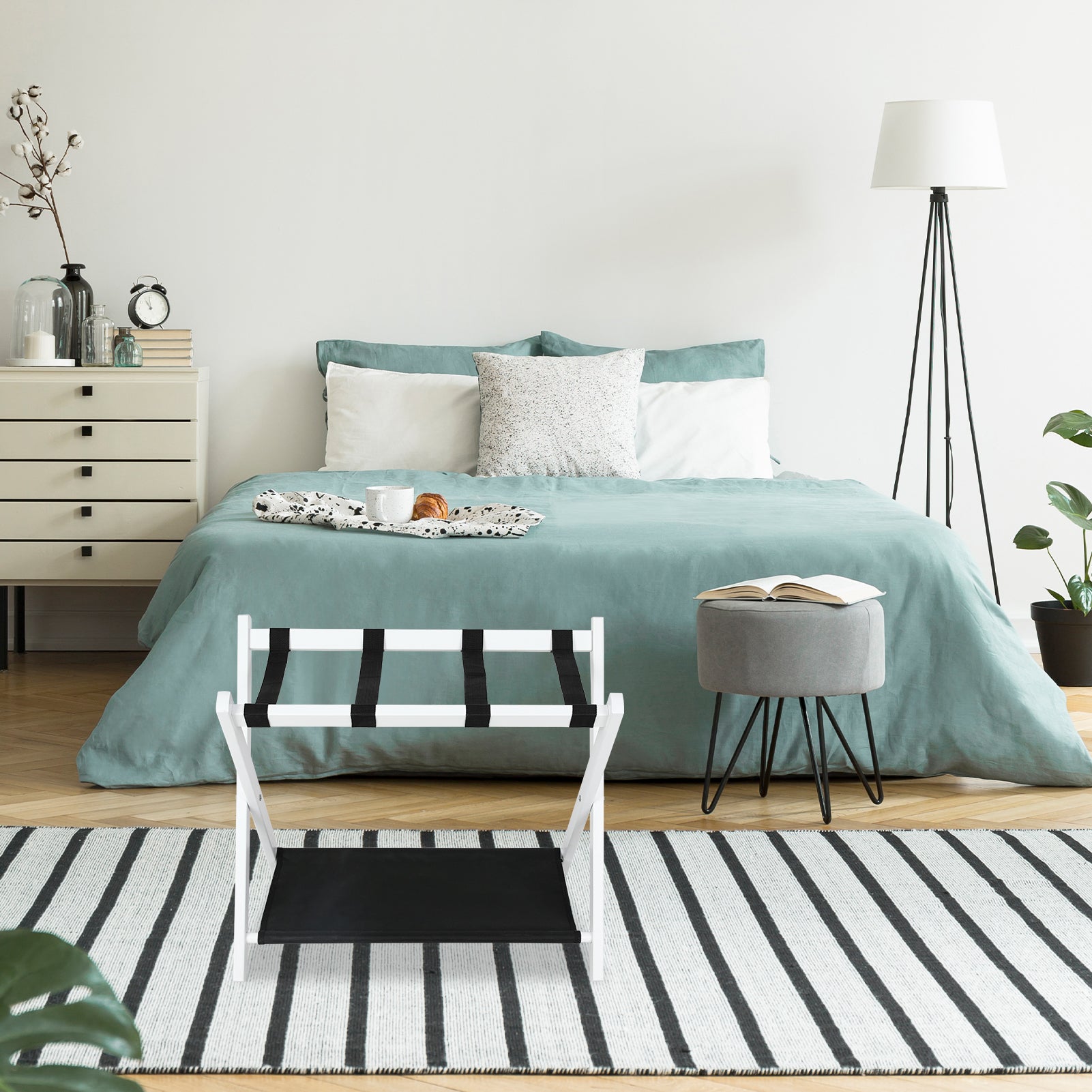 2-Tier Folding Luggage Rack - White Wood Fabric