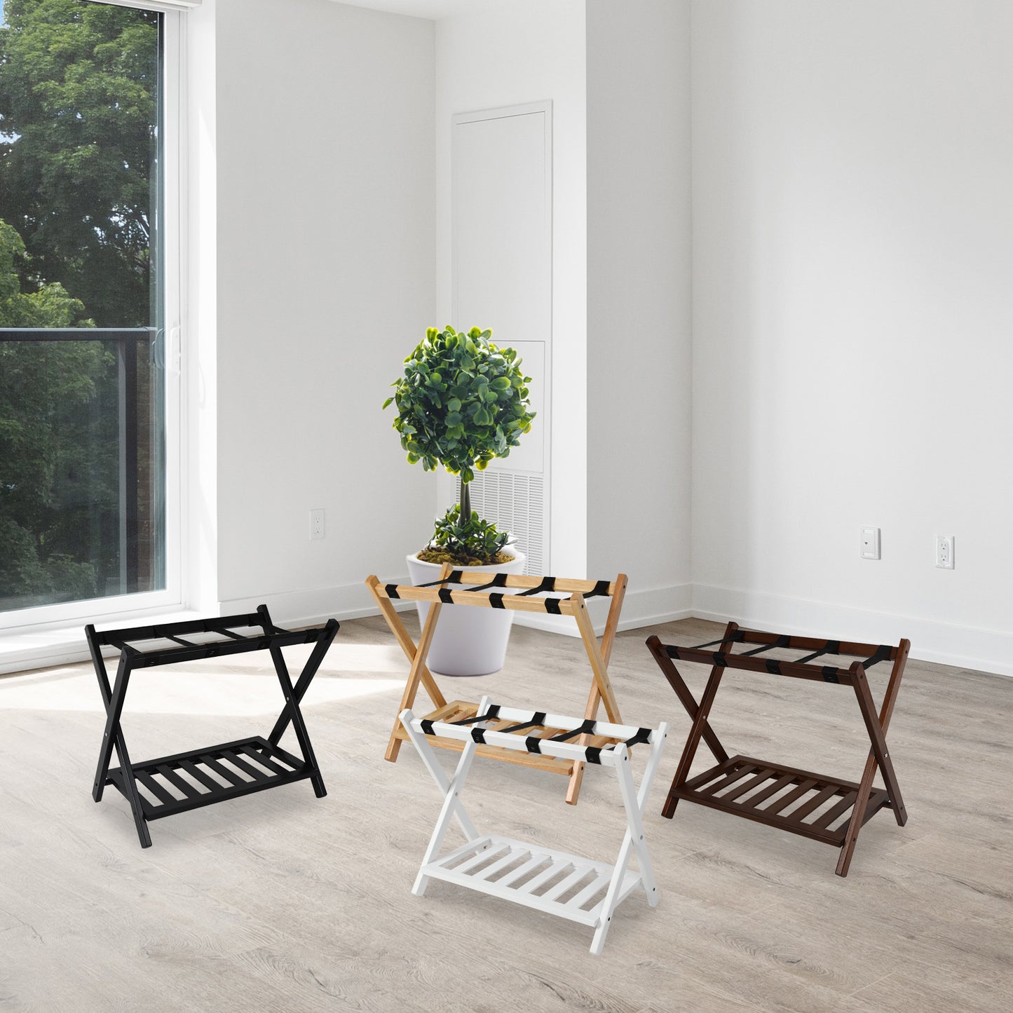 Hofitlead Wooden Luggage Rack, Folding Luggage Rack Suitcase Stand with Storage Shelf for Home Guest Room Bedroom Hotel,Black