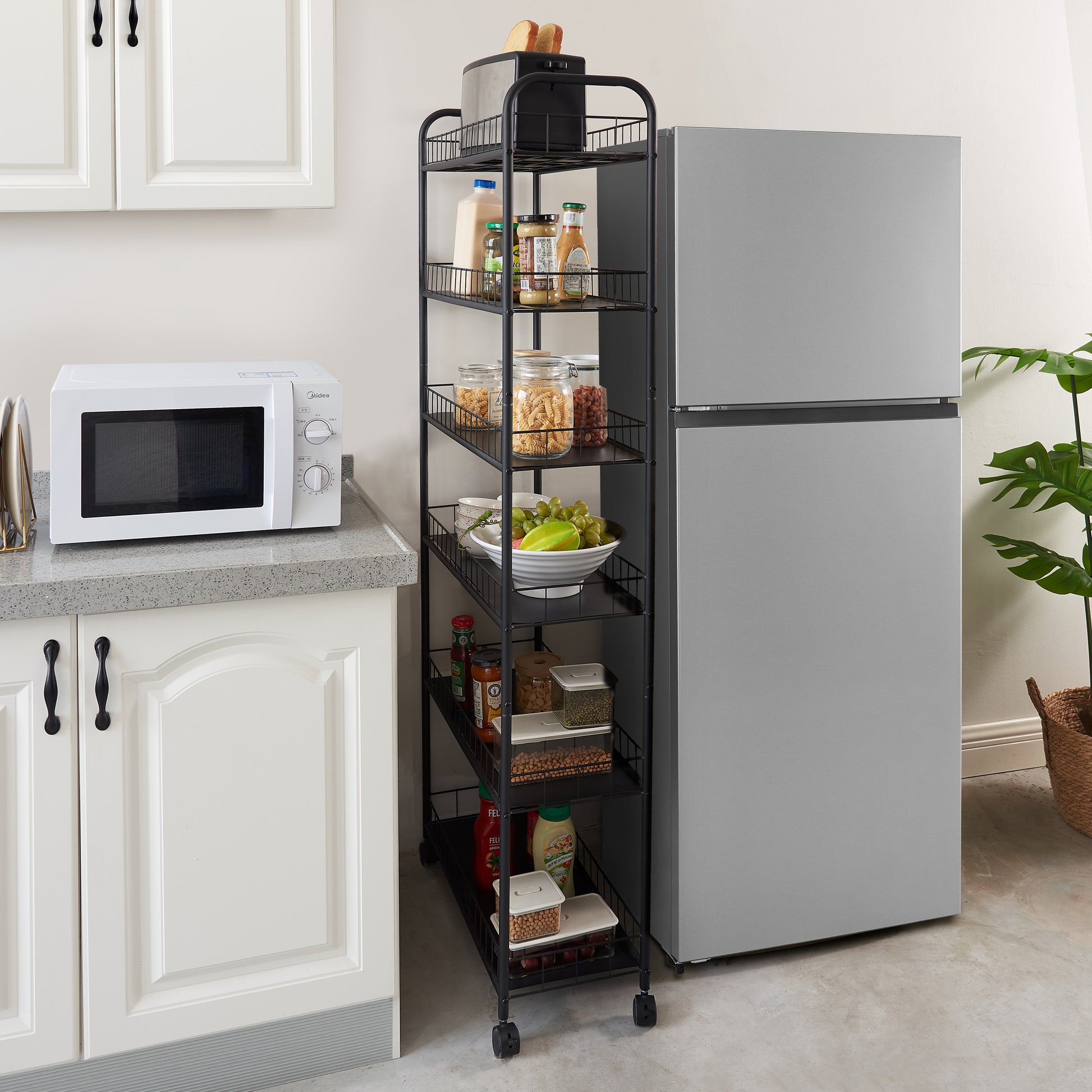 6 Tier Slim Rolling Storage Cart, Mobile Shelving Unit with Wheels, Metal Wire Storage Shelving Rack with Baskets for Kitchen Bathroom Office Laundry Narrow Piaces