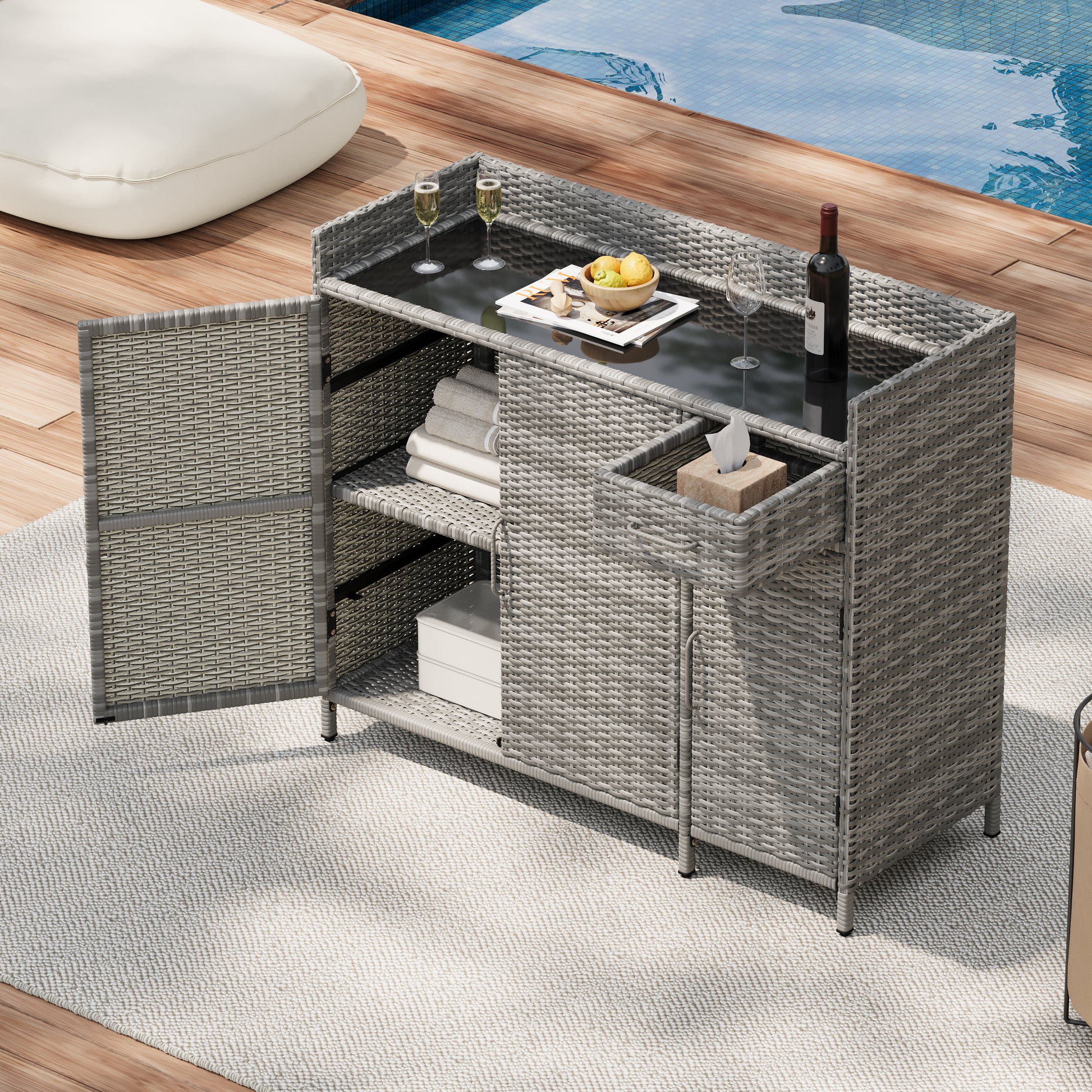 K&K 47.5"W Wicker Outdoor Storage Cabinet with Tempered Glass Desktop, Weather-proof Rattan Bar Table with Three Doors, Adjustable Shelf, and One Drawer, for Outdoor Cushions, Pool Toys , Grey