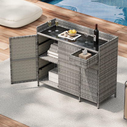 K&K 47.5"W Wicker Outdoor Storage Cabinet with Tempered Glass Desktop, Weather-proof Rattan Bar Table with Three Doors, Adjustable Shelf, and One Drawer, for Outdoor Cushions, Pool Toys , Grey