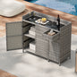 K&K 47.5"W Wicker Outdoor Storage Cabinet with Tempered Glass Desktop, Weather-proof Rattan Bar Table with Three Doors, Adjustable Shelf, and One Drawer, for Outdoor Cushions, Pool Toys , Grey