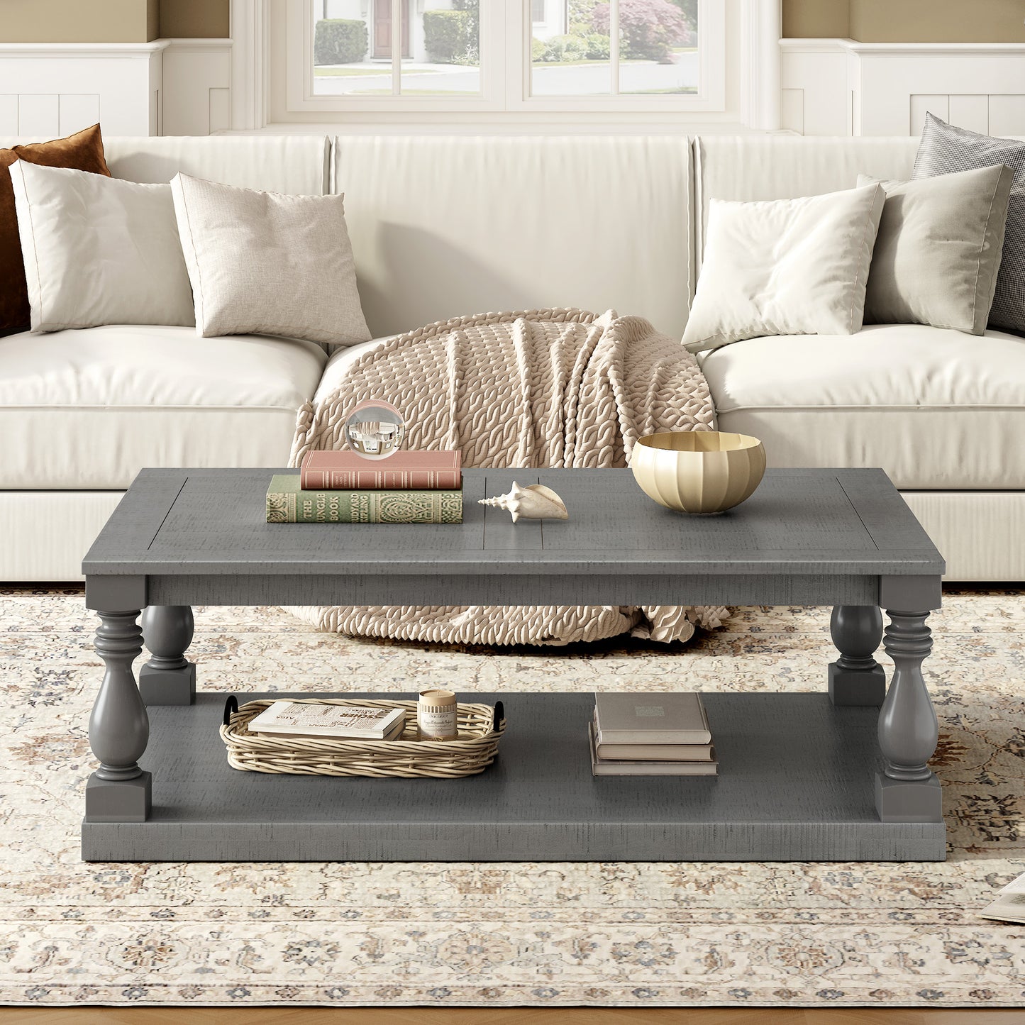 Gray Vintage Coffee Table - Vase Column Legs, Pine Finish