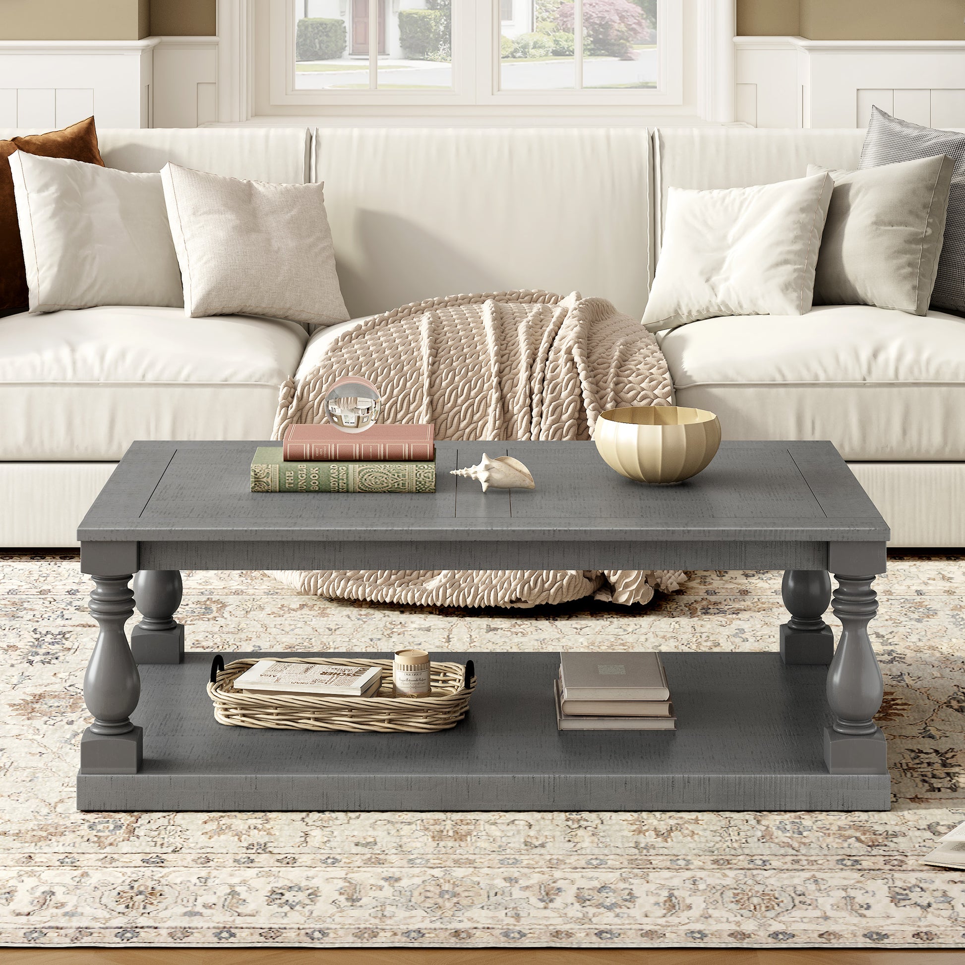 Gray Vintage Coffee Table - Vase Column Legs, Pine Finish