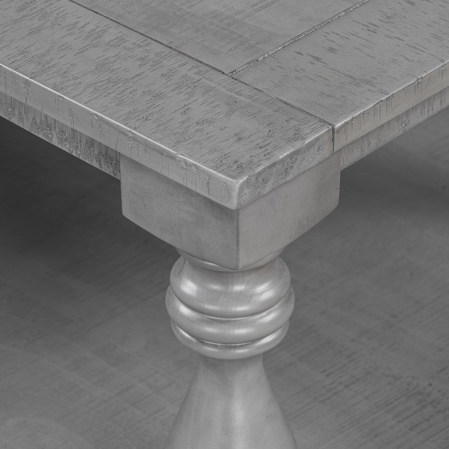 Gray Vintage Coffee Table - Vase Column Legs, Pine Finish