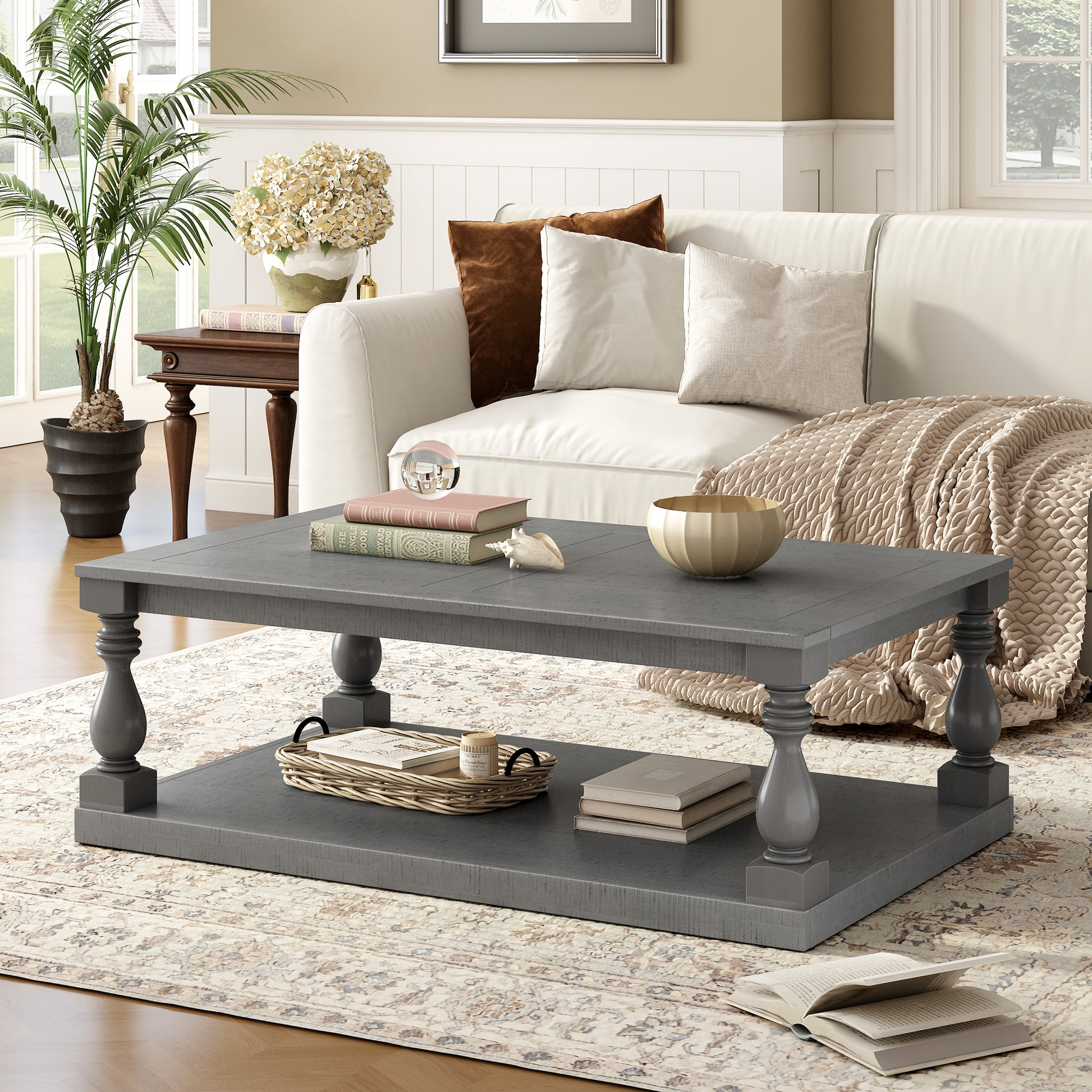 U_STYLE Vintage Coffee Table Featuring Artistic Vase Column Legs and Luxurious Pine Veneer for Timeless Charm,Suitable for living room, study room