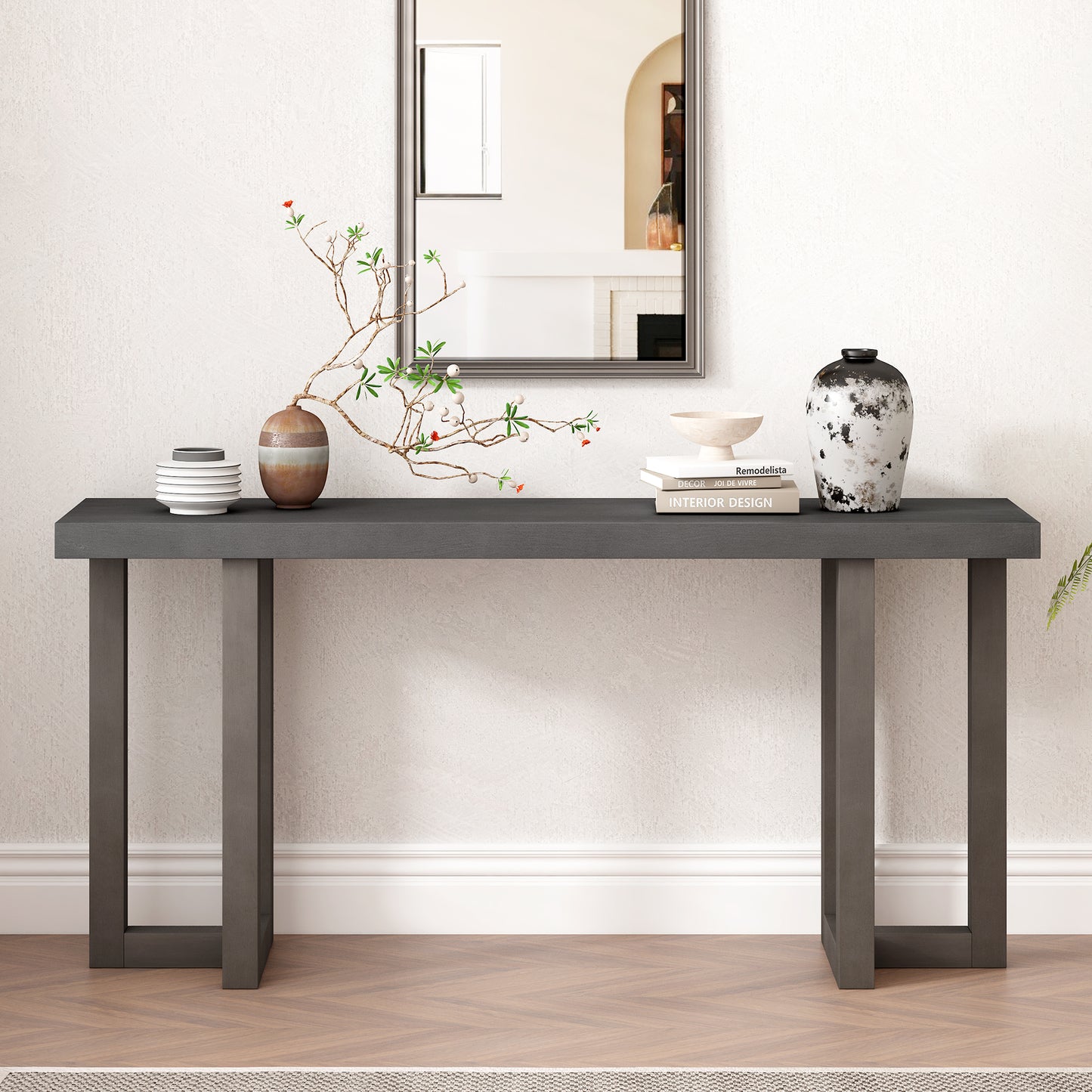 Geometric Console Table with Pine Legs for Entryway or Living Room