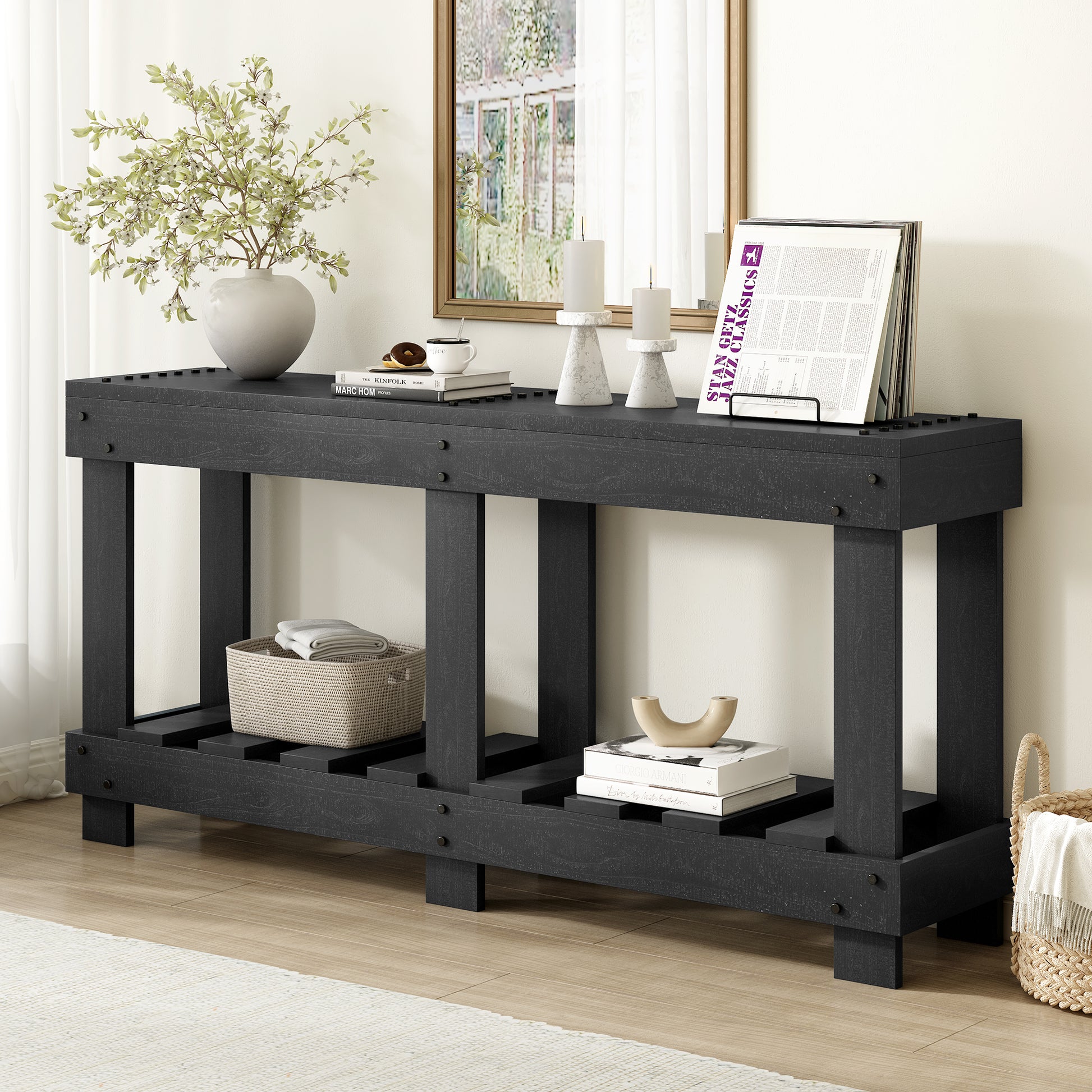 U_Style 62.9" Vintage Entryway Table - Fir Solid Wood with Natural Grain, 6 Reinforced Legs & 4.5" Thick Desktop, Metal Rivet Decor & Plank Under-Shelf, Console Table for Hallway, Living Room