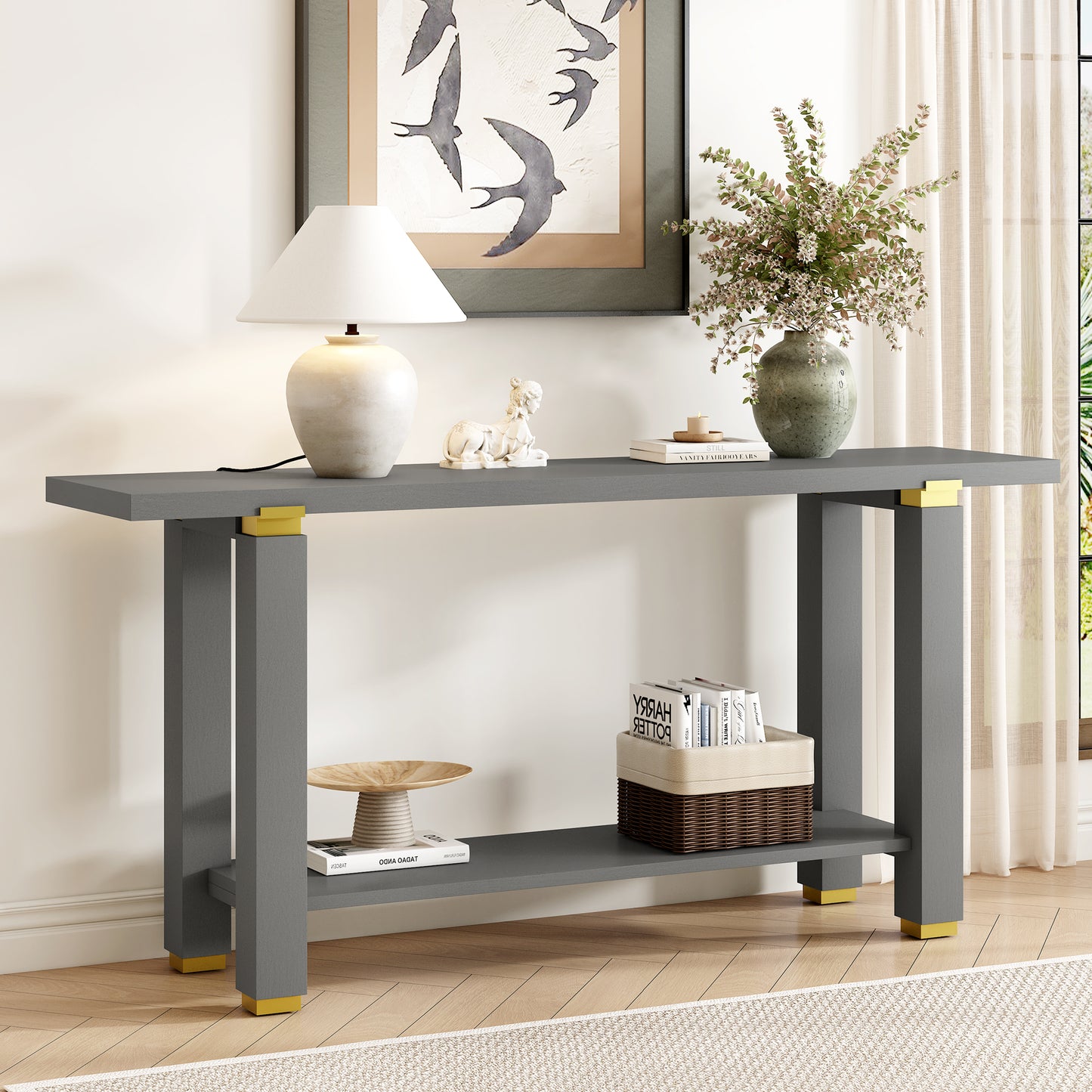 Gray Pine Console Table - 63" Entryway Sofa Table with Storage Shelf