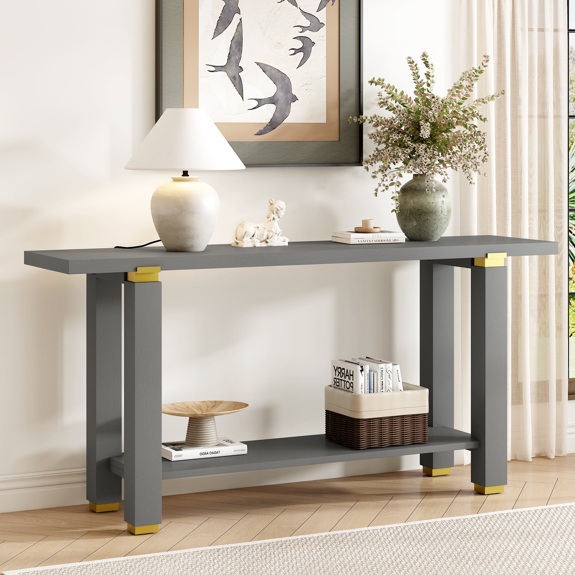 Gray Pine Console Table - 63" Entryway Sofa Table with Storage Shelf