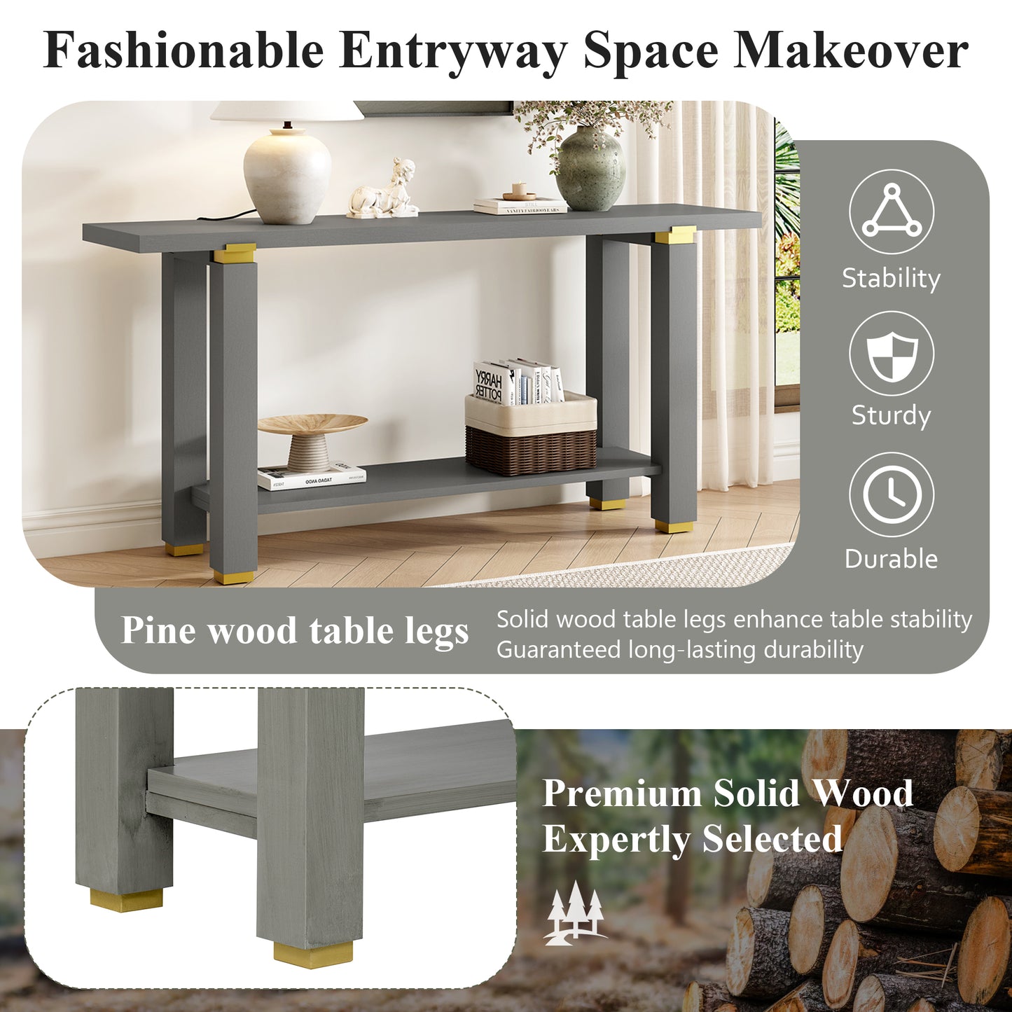 Gray Pine Console Table - 63" Entryway Sofa Table with Storage Shelf