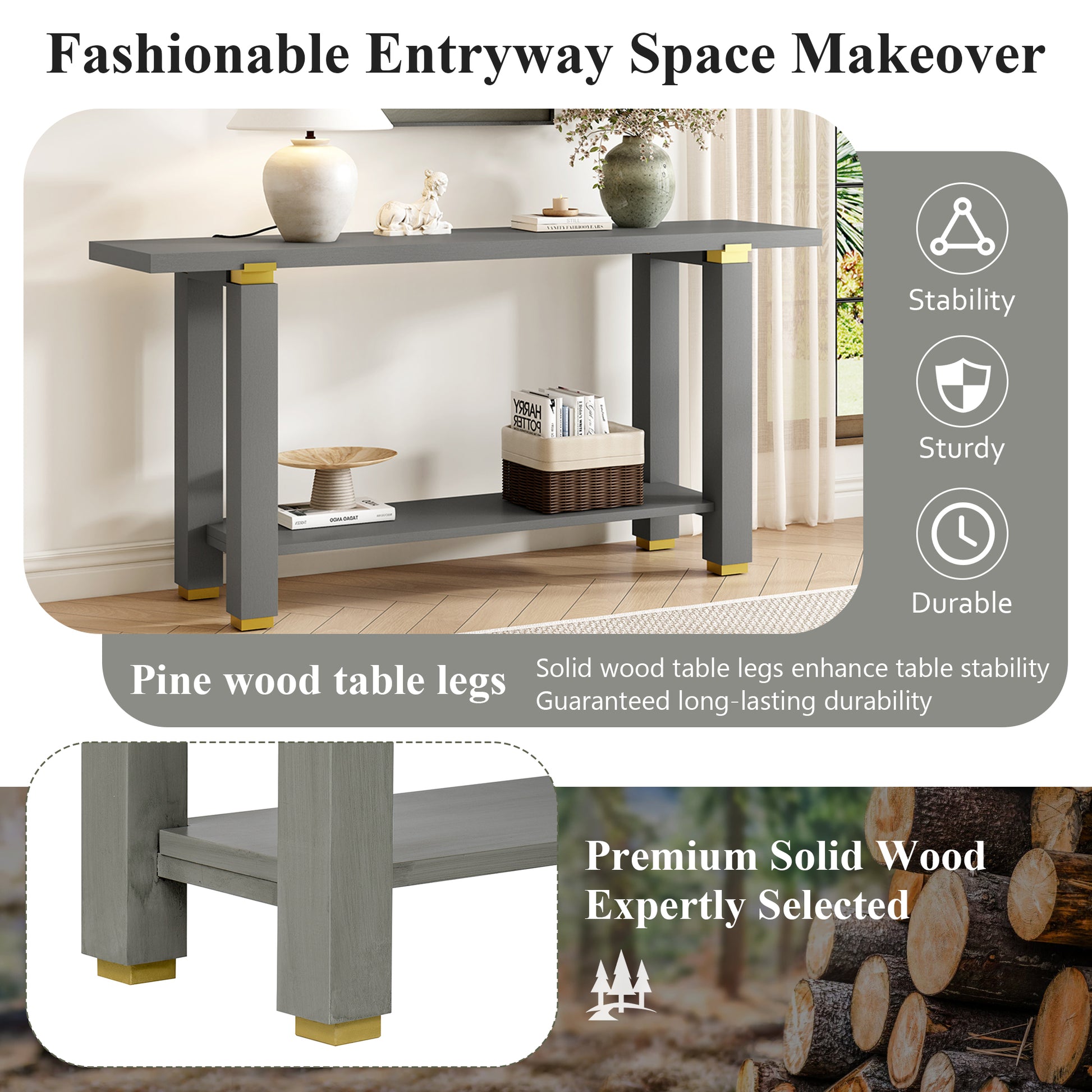 Gray Pine Console Table - 63" Entryway Sofa Table with Storage Shelf