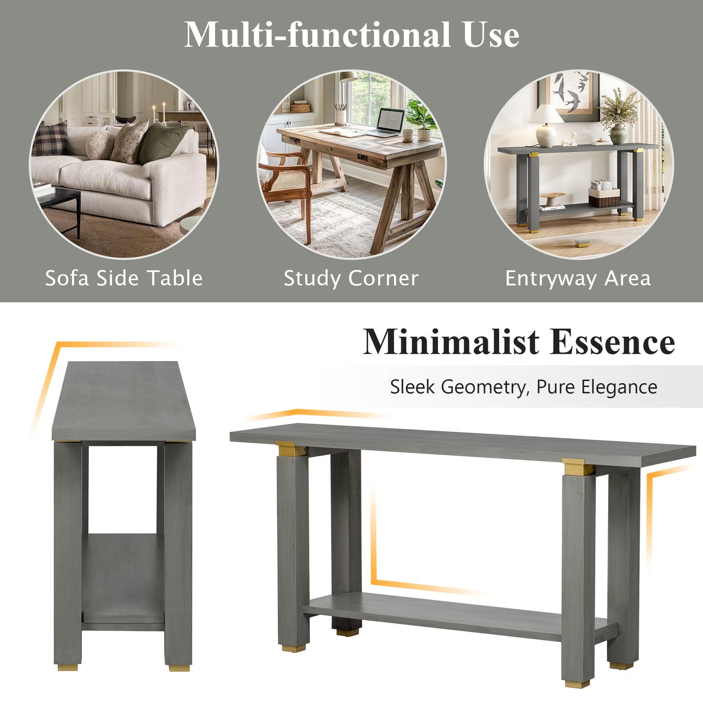 Gray Pine Console Table - 63" Entryway Sofa Table with Storage Shelf