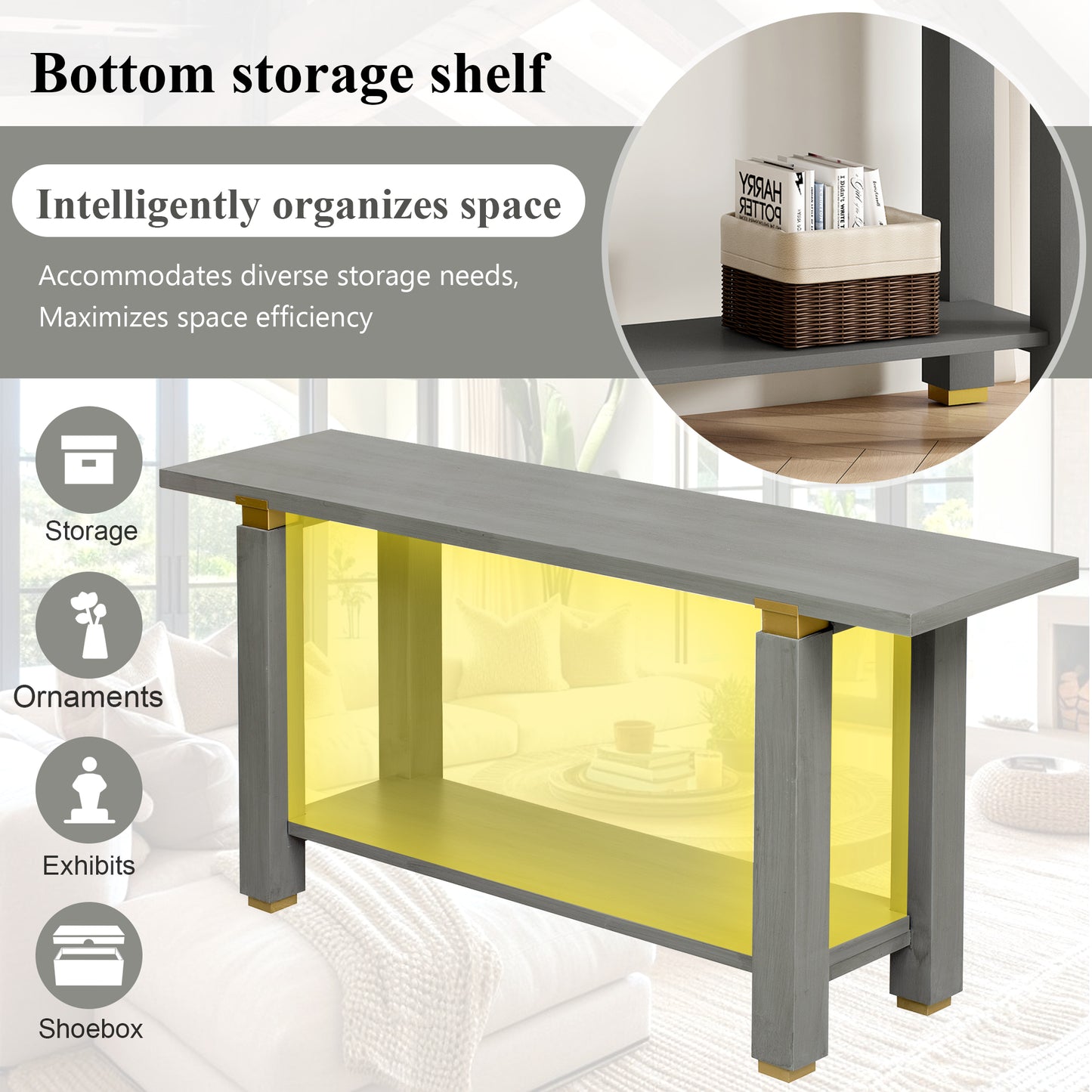 Gray Pine Console Table - 63" Entryway Sofa Table with Storage Shelf