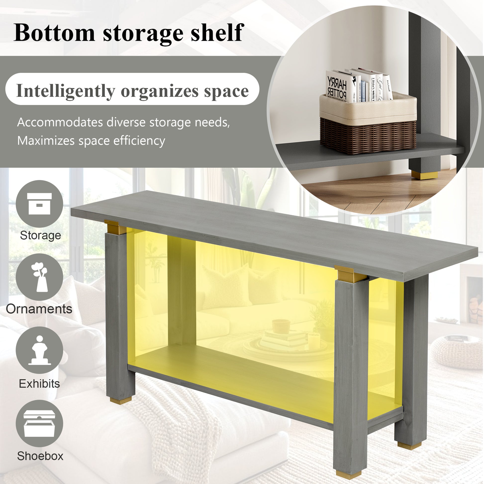 Gray Pine Console Table - 63" Entryway Sofa Table with Storage Shelf