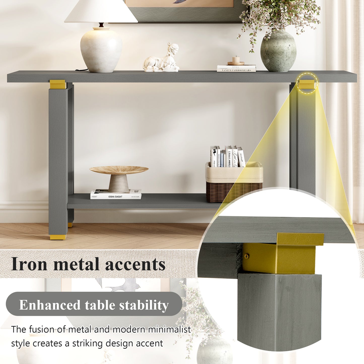 Gray Pine Console Table - 63" Entryway Sofa Table with Storage Shelf