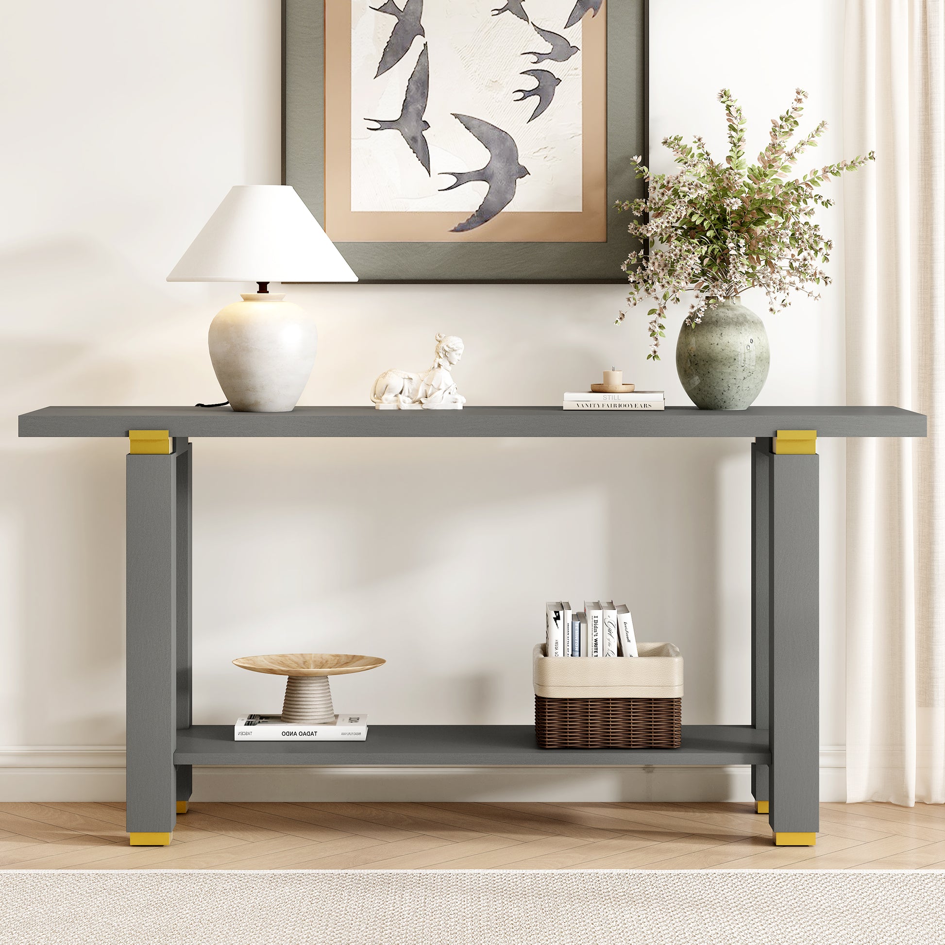U_Style 62.9" Modern Minimalist Console Table, Solid Wood Entryway Sofa Table with Metal Accents, Built-in Shelf, for Living Room, Hallway (3 Colors: Black, Gray, Natural)