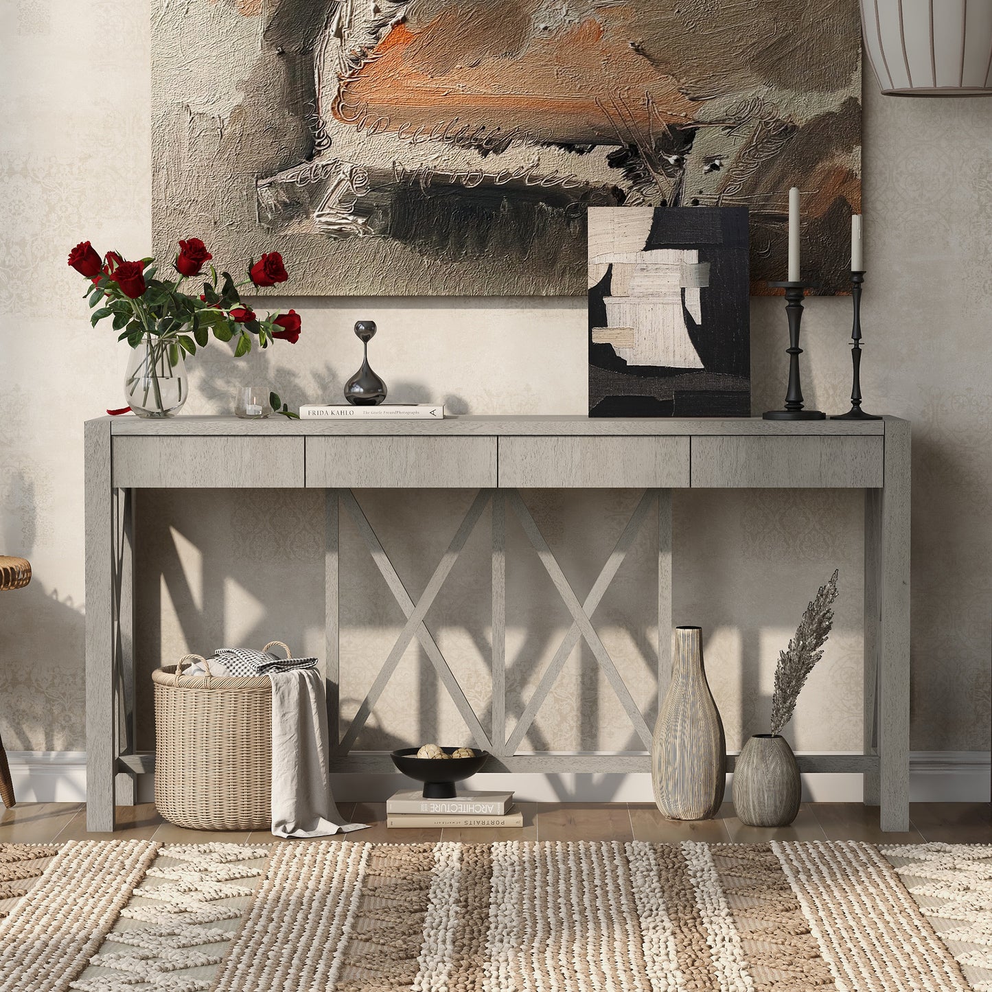 60 Inch Grey Acacia Console Table with Drawers