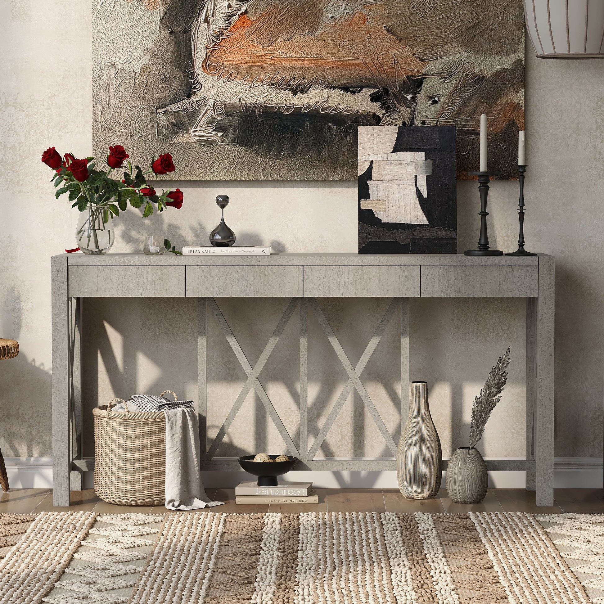 60 Inch Grey Acacia Console Table with Drawers