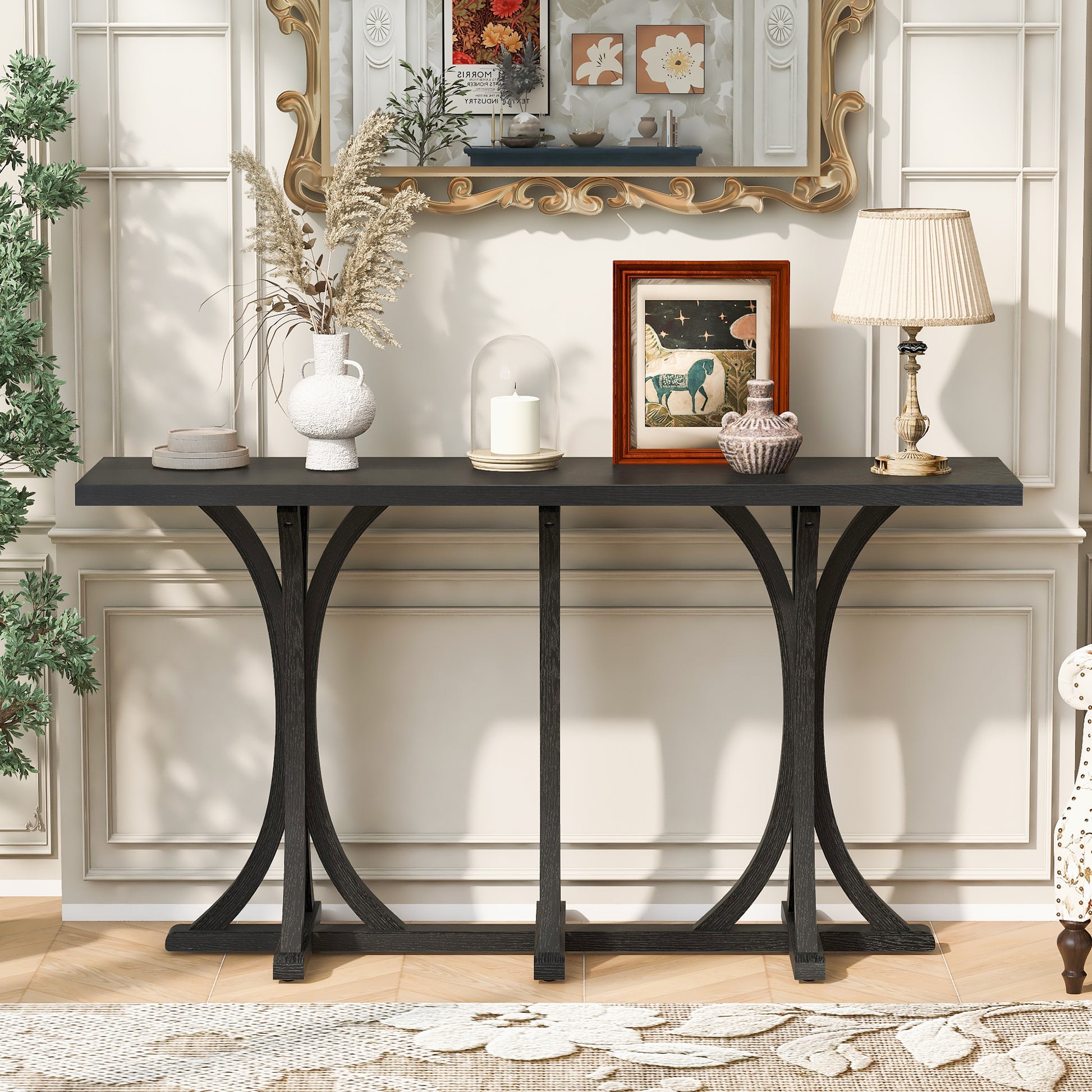 U-Style 59.8'' Wooden Console Table with Oak Veneer Top,Farmhouse Entryway Table with Rubber Wood Slender Curved Legs,Perfect for Living Room,Entryway,Hallway, Dining Spaces.