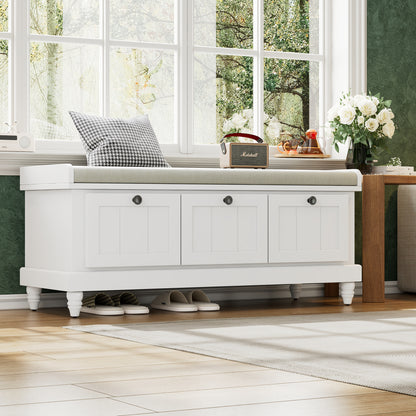 TREXM Classic Shoe Bench with Cushion and Three Drawers, Fluted Entryway Bench with Storage for Living Room, Entryway, and Hallways (White,OLD SKU: N715P207812K)