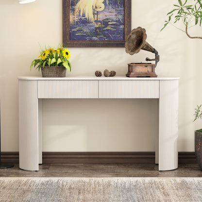 TREXM Entryway Table with Fluted Design, Modern Console Table with Storage, Oval Top and 2 Drawers for Entryway and Living Room (Champagne White)