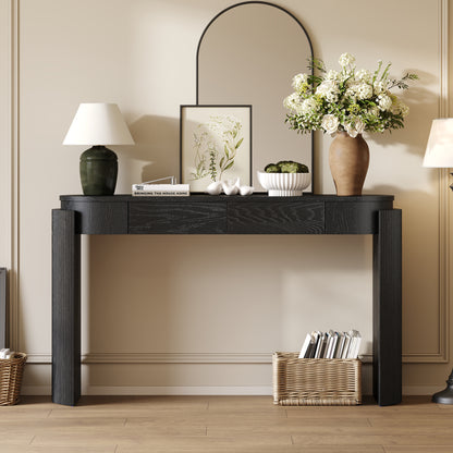 TREXM Entryway Table with Natural Wood Grain Finish, Console Table with Fluted Design, Oval Top and 2 Drawers for Entryway and Living Room (Black)