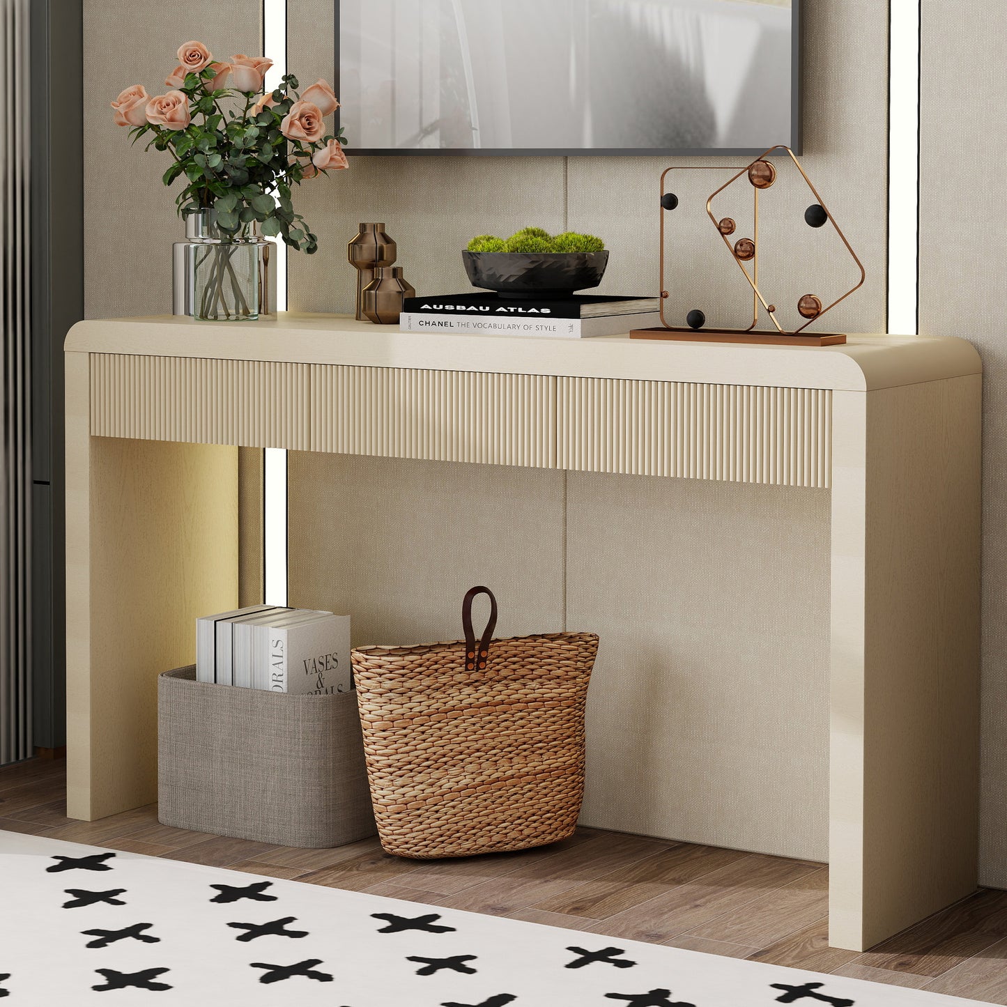 TREXM Rustic Console Table with 3 Fluted Drawers - Solid Wood Veneer Entryway Table Featuring Natural Wood Grain for Living Room, Hallway (Apricot)
