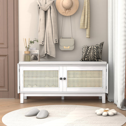 TREXM Boho Rattan Entryway Bench with Storage, Cushioned Shoe Bench with Double Doors, Wooden Shoe Organizer Bench for Entryway and Hallway (White+Beige )