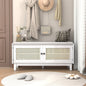 TREXM Boho Rattan Entryway Bench with Storage, Cushioned Shoe Bench with Double Doors, Wooden Shoe Organizer Bench for Entryway and Hallway (White+Beige )
