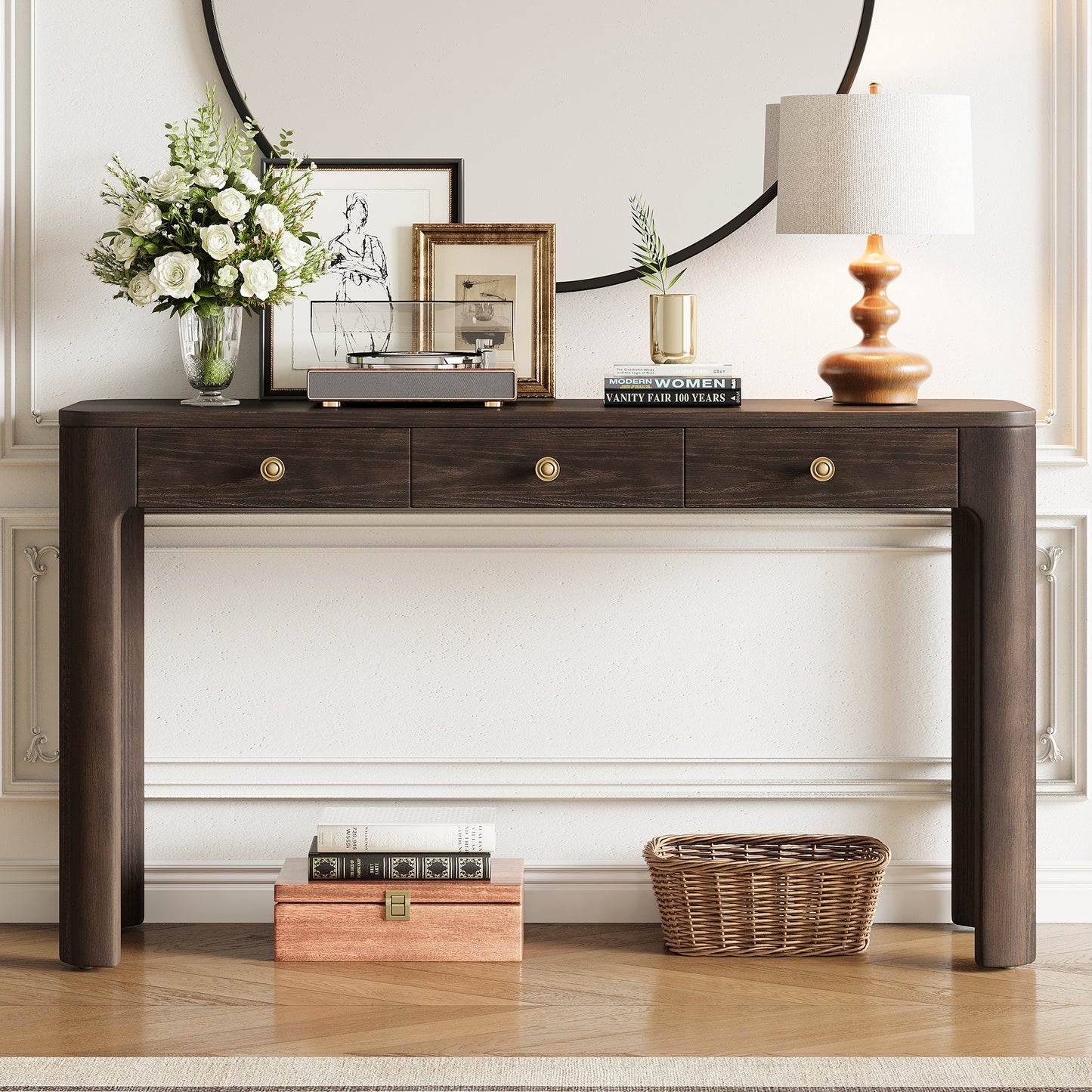 TREXM Rustic Console Table with Curved Corners for Safety, Entryway Table with 3 Concealed Drawers, Sturdy Sofa Table with Thick Legs for Hallway & Living Room (Espresso)