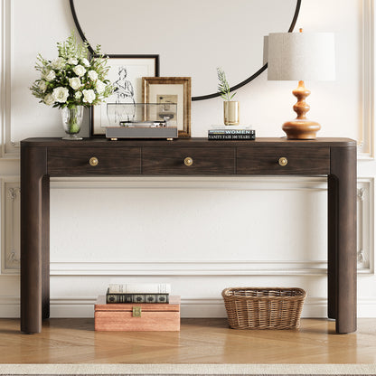 TREXM Rustic Console Table with Curved Corners for Safety, Entryway Table with 3 Concealed Drawers, Sturdy Sofa Table with Thick Legs for Hallway & Living Room (Espresso)