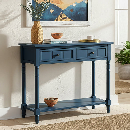 TREXM Daisy Series Console Table Traditional Design with Two Drawers and Bottom Shelf (Dark Navy)