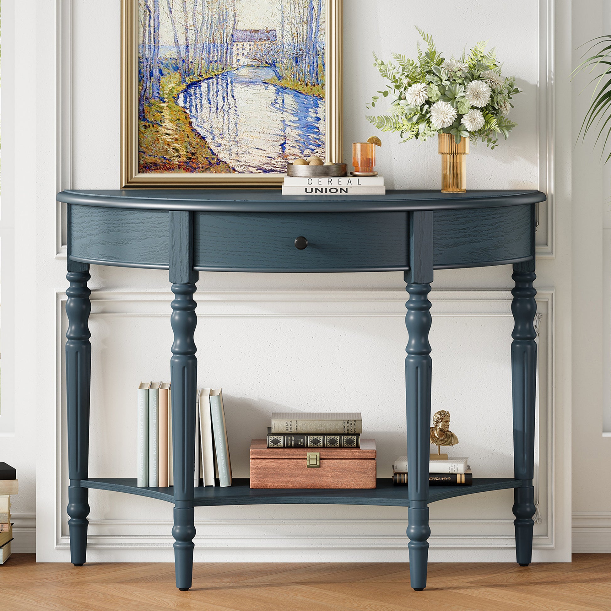 TREXM Farmhouse Half Moon Console Table with Drawer & Shelf - Rustic Accent Table, Sofa Table for Entryway, Living Room, Hallway and Foyer (Navy)