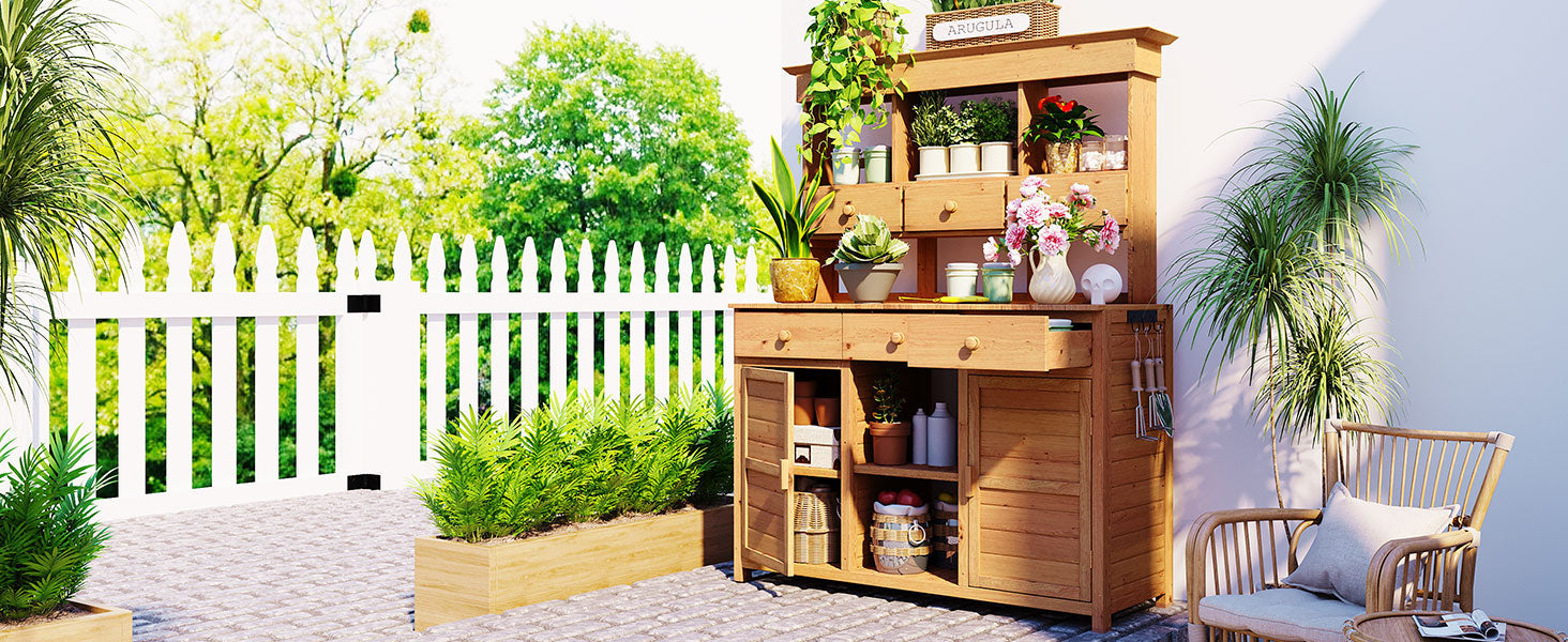 Rustic Wood Garden Potting Bench for Outdoor Patio Storage and Workstation