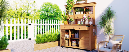 Rustic Wood Garden Potting Bench for Outdoor Patio Storage and Workstation