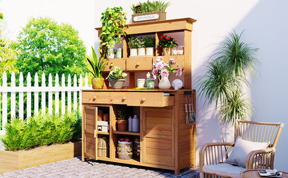 Rustic Wood Garden Potting Bench for Outdoor Patio Storage and Workstation
