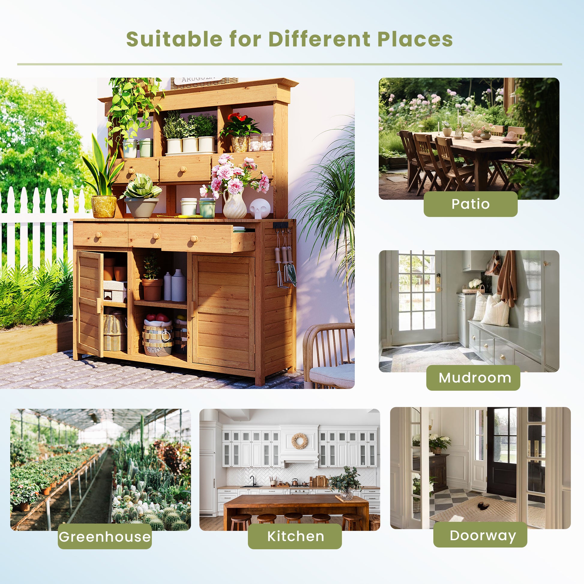 Rustic Wood Garden Potting Bench for Outdoor Patio Storage and Workstation