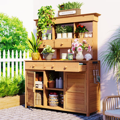 [Assembly Video Provided] TOPMAX 65.7'' H Tall Garden Potting Bench Table with Hutch,Patio Storage Workstation with 3 Shelves,6 Drawers,2 Bottom Cabinets&Side Hooks for Mudroom,Doorway, Natural