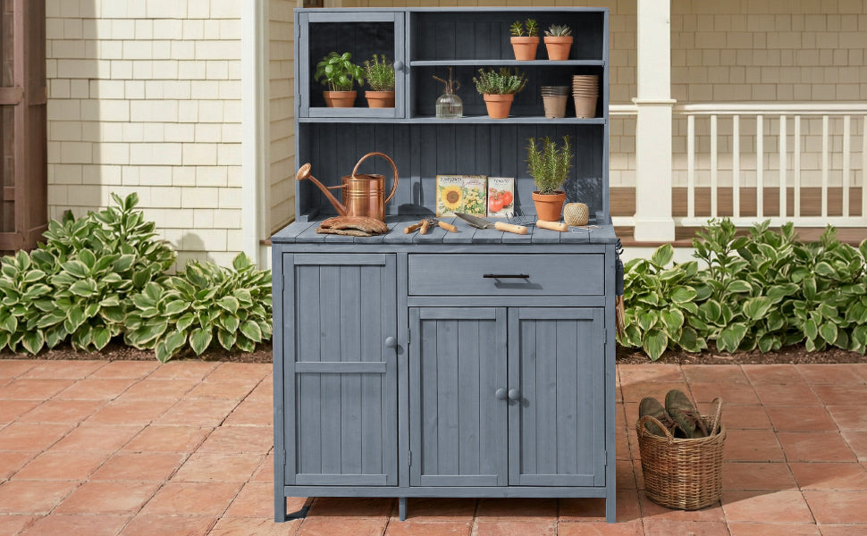 Gray Wood Potting Bench with Hutch - Outdoor Kitchen Island
