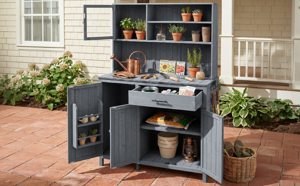 Gray Wood Potting Bench with Hutch - Outdoor Kitchen Island