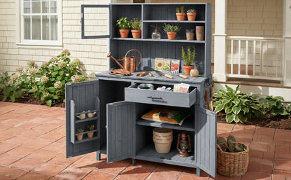 Gray Wood Potting Bench with Hutch - Outdoor Kitchen Island