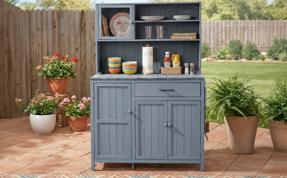 Gray Wood Potting Bench with Hutch - Outdoor Kitchen Island