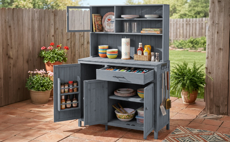 Gray Wood Potting Bench with Hutch - Outdoor Kitchen Island