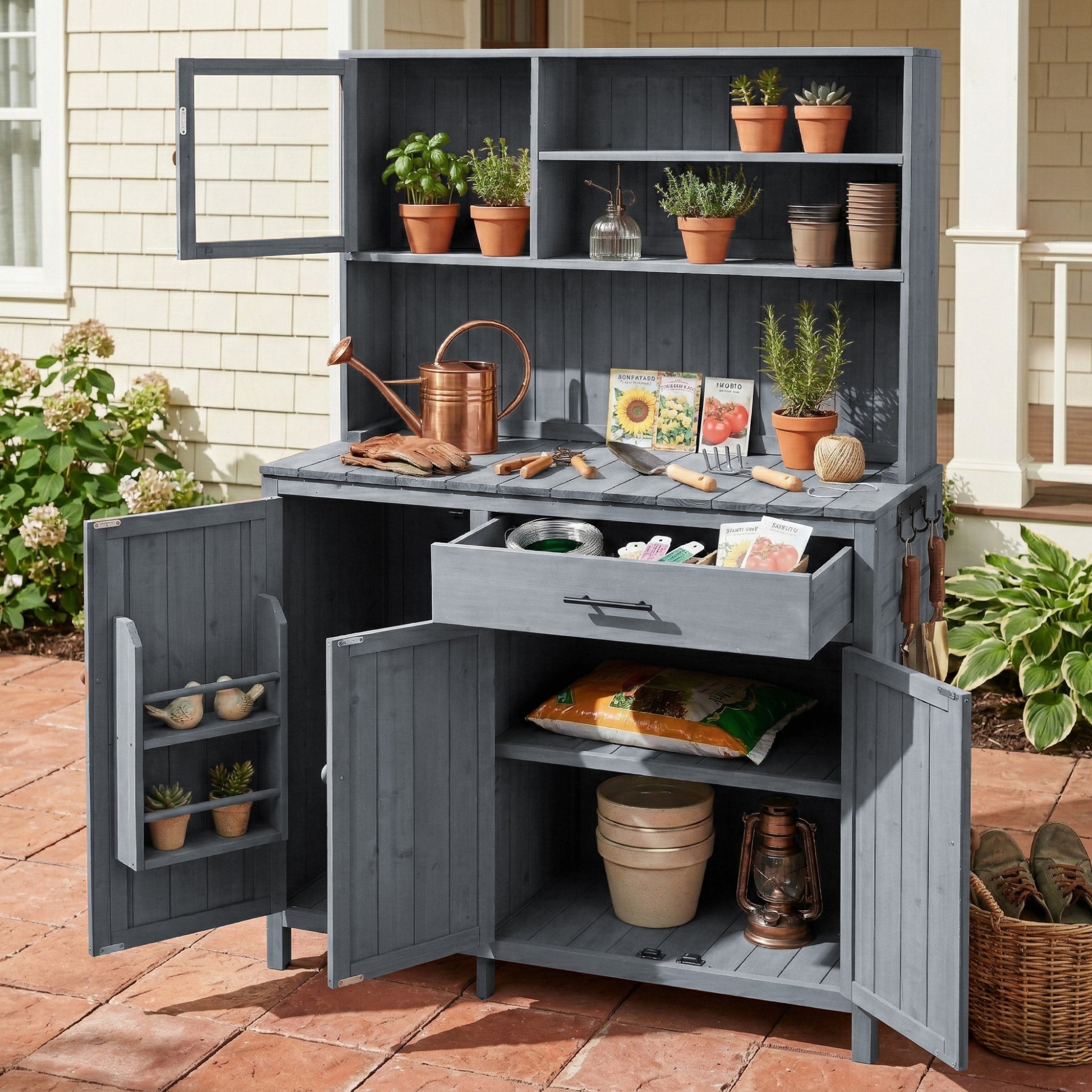 Gray Wood Potting Bench with Hutch - Outdoor Kitchen Island