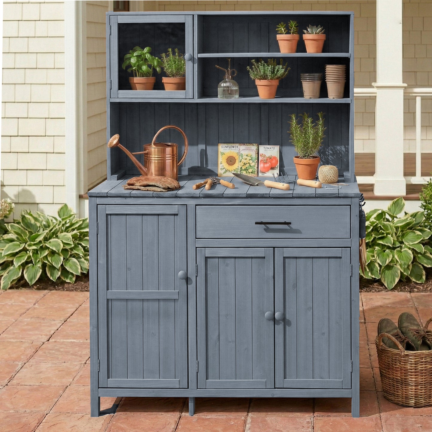 Gray Wood Potting Bench with Hutch - Outdoor Kitchen Island