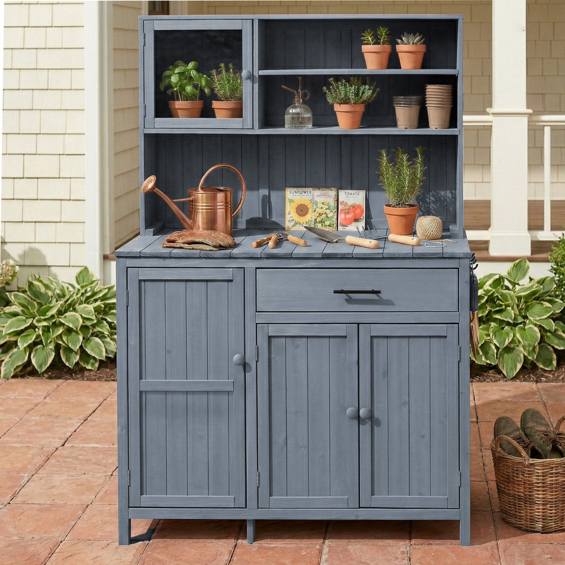 Gray Wood Potting Bench with Hutch - Outdoor Kitchen Island