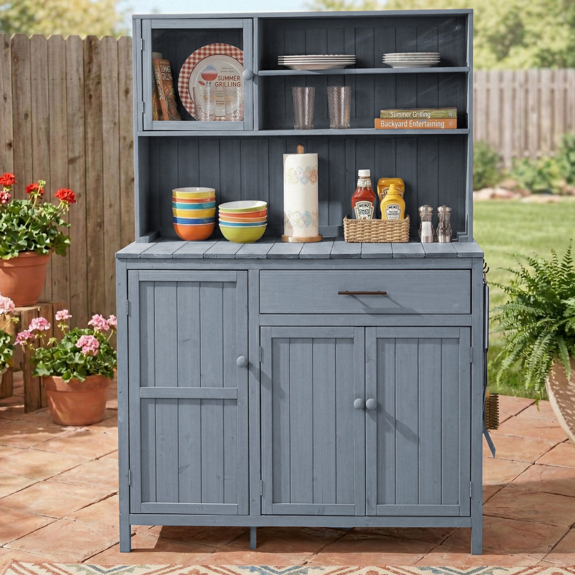 Gray Wood Potting Bench with Hutch - Outdoor Kitchen Island