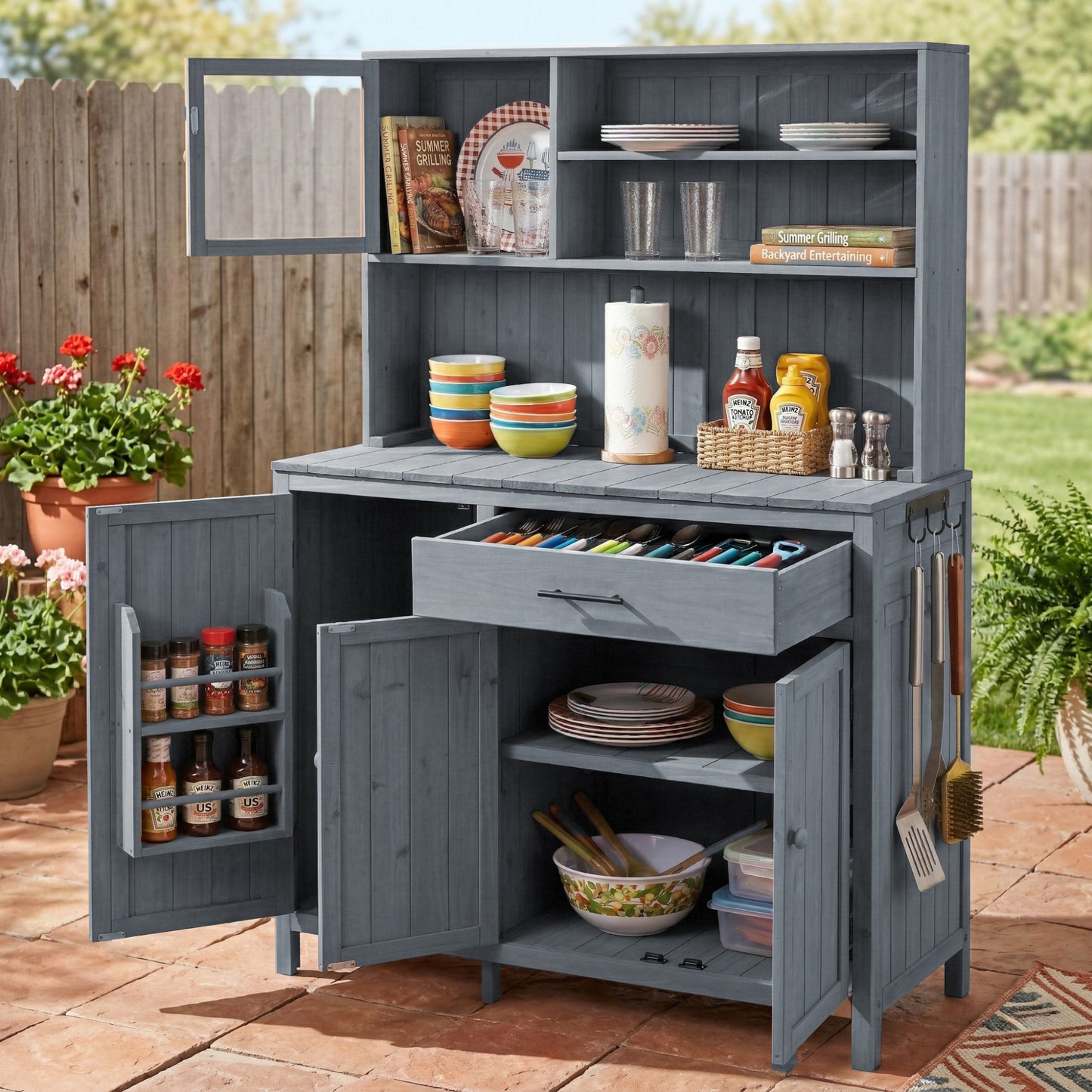 (With Assembly Video) TOPAMX Potting Bench with Hutch, 65" H Solid Fir Wood Garden Workstation, Large Countertop, Patio Kitchen Island with Adjustable Shelves, Spice Rack, Side Hook and Drawer, Gray